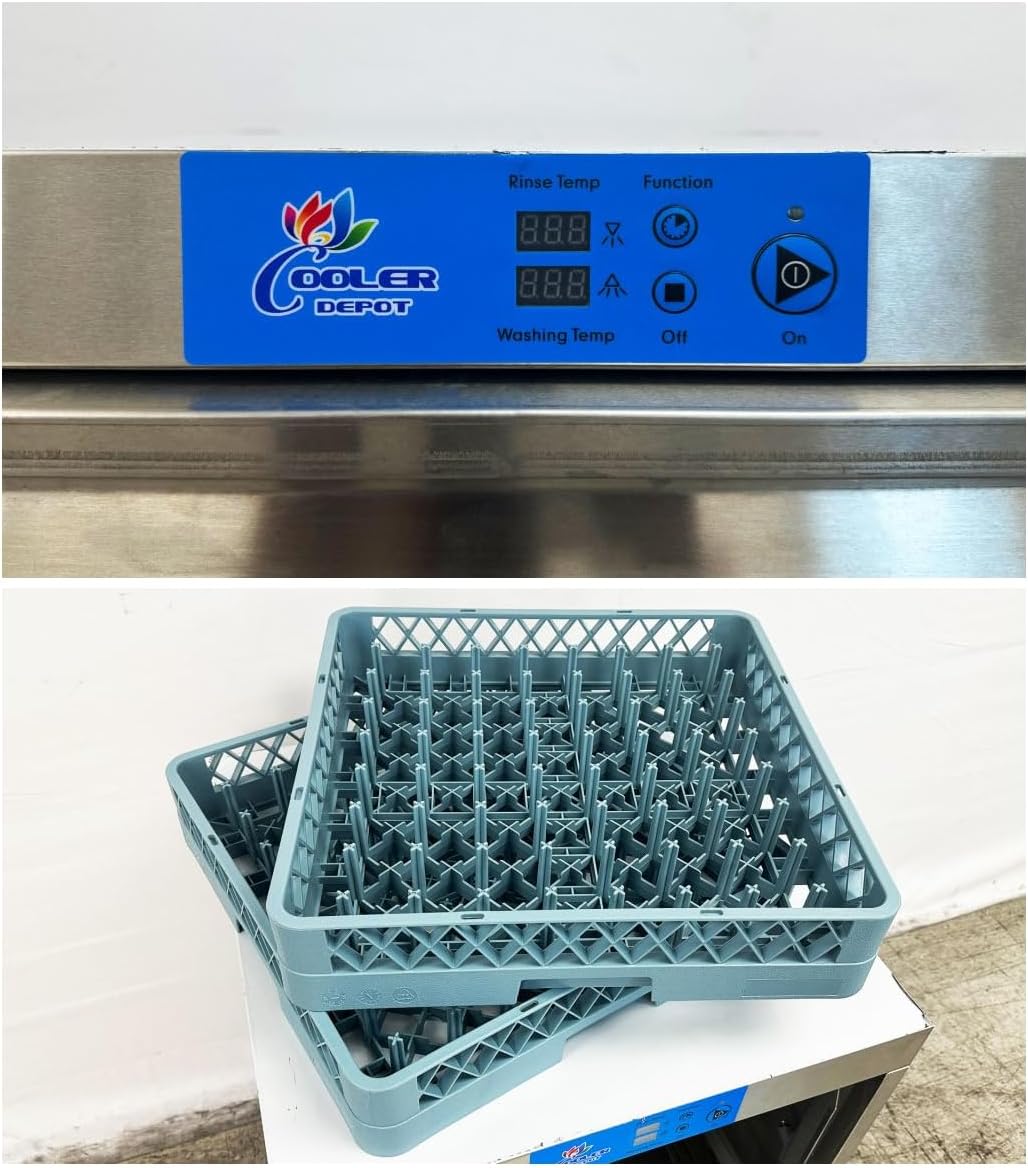 Close-up of the dishwasher control panel and included dish racks