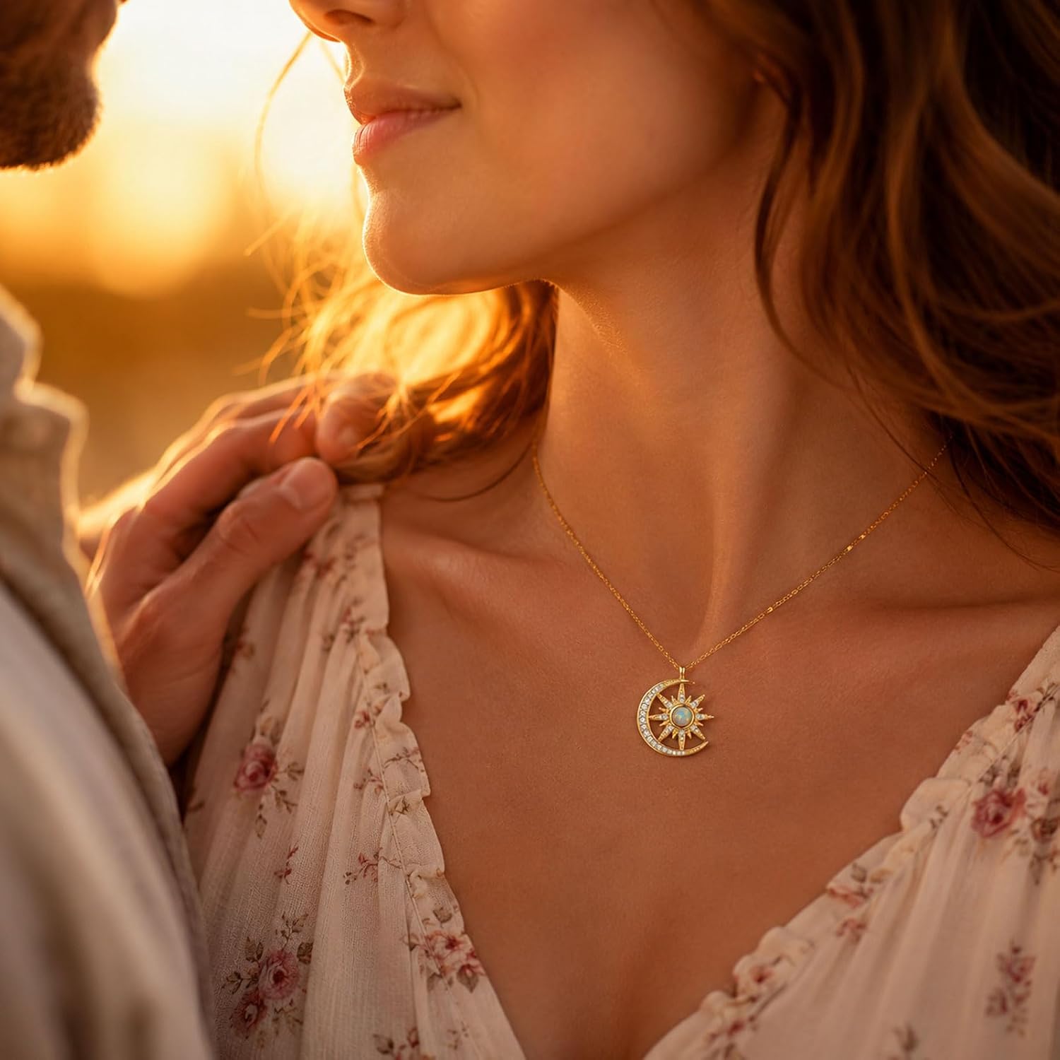 Gold Crescent Moon and Sun Necklace for Women 14K Gold Celestial Starburst Pendant with Opal Jewelry Gifts for Girlfriend Mother