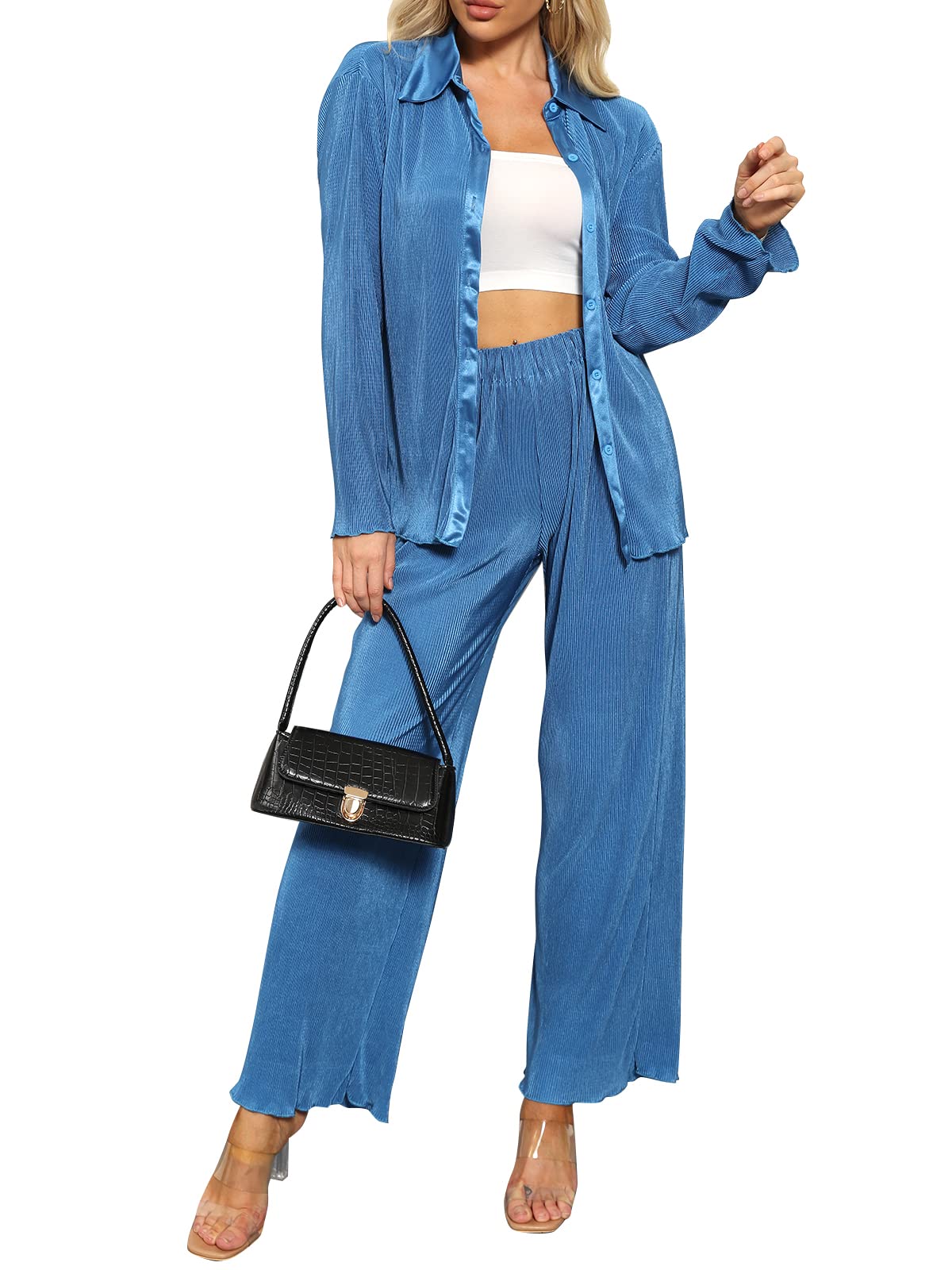 Two Piece Outfits for Women Casual Long Sleeve Button Down Shirt Wide Leg Pants Loungewear Matching Set