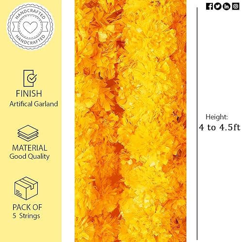 Miniatura 10 de Guirnalda de caléndula para decoración, paquete de 5, flores artificiales de caléndula para decoraciones de Diwali Pooja, guirnalda de flores indias