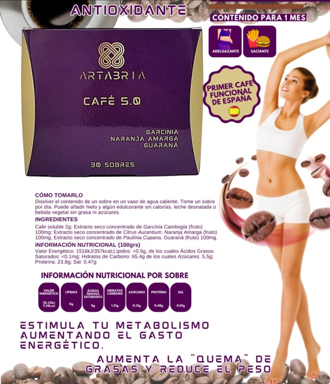 Cafe ARTABRIA 5.0 con Garcinia, Naranja Amarga y Guarana, 30 sobres individuales, Estimula Metabolismo, Aumenta gasto Energetico. Pack Hipnotik Casuality