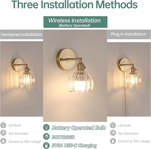 Miniatura 3 de Aplique de pared vintage a pilas con bonita pantalla de cristal transparente de tulipán transparente, luz de pared inalámbrica recargable con