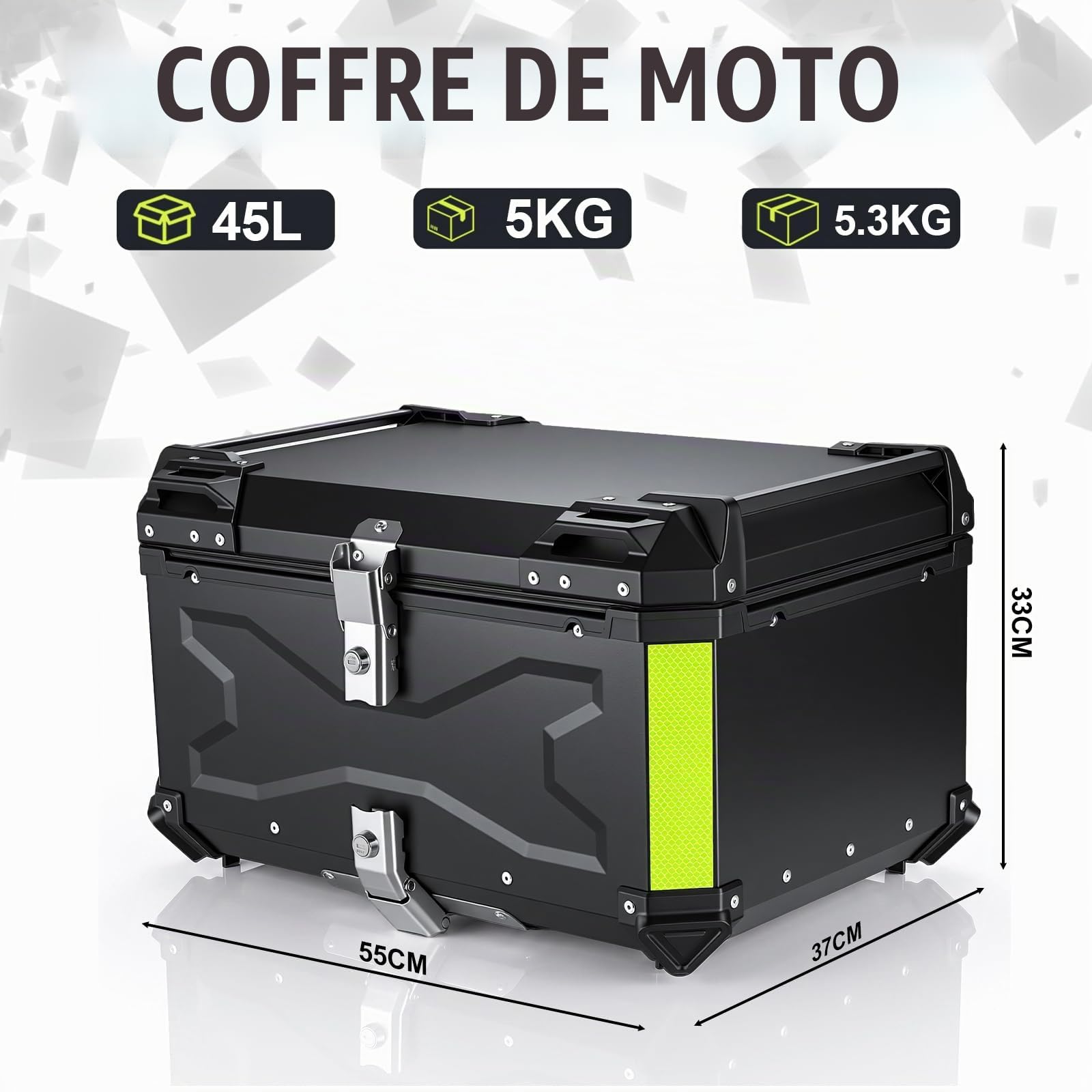 Top Case Universel pour Moto 65L, avec Dossier et Serrure de Sécurité, Coffre de Rangement pour Casque de Moto Étanche, Aluminium，Support de Fixation Universel (Noir)