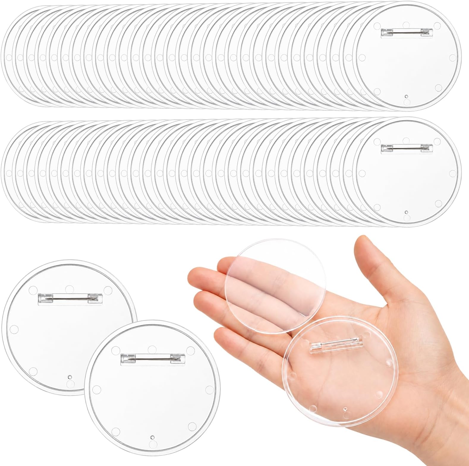 Yesland 60 Packs 2.4 Inch Acrylic Design Button - Clear Badges Kit with Pin Blank Button Pins for Craft Supplies, Activities, DIY Badges, Office, School