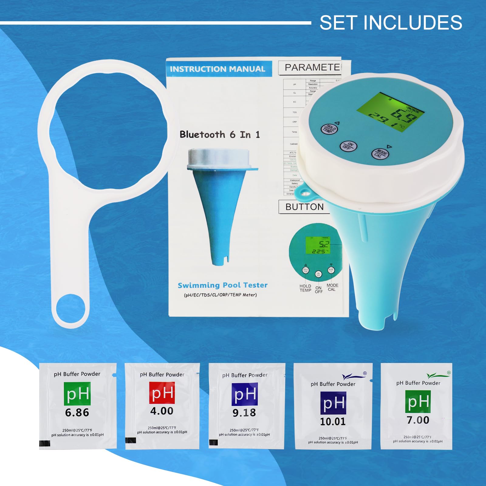 Analizador de Calidad de Agua 6 en 1 Flotante con Bluetooth Mide Cloro, pH, CE (Conductividad), ORP (Potencial Redox), Salinidad y Temperatura - Conexión a APP para Piscinas e Hidroponía