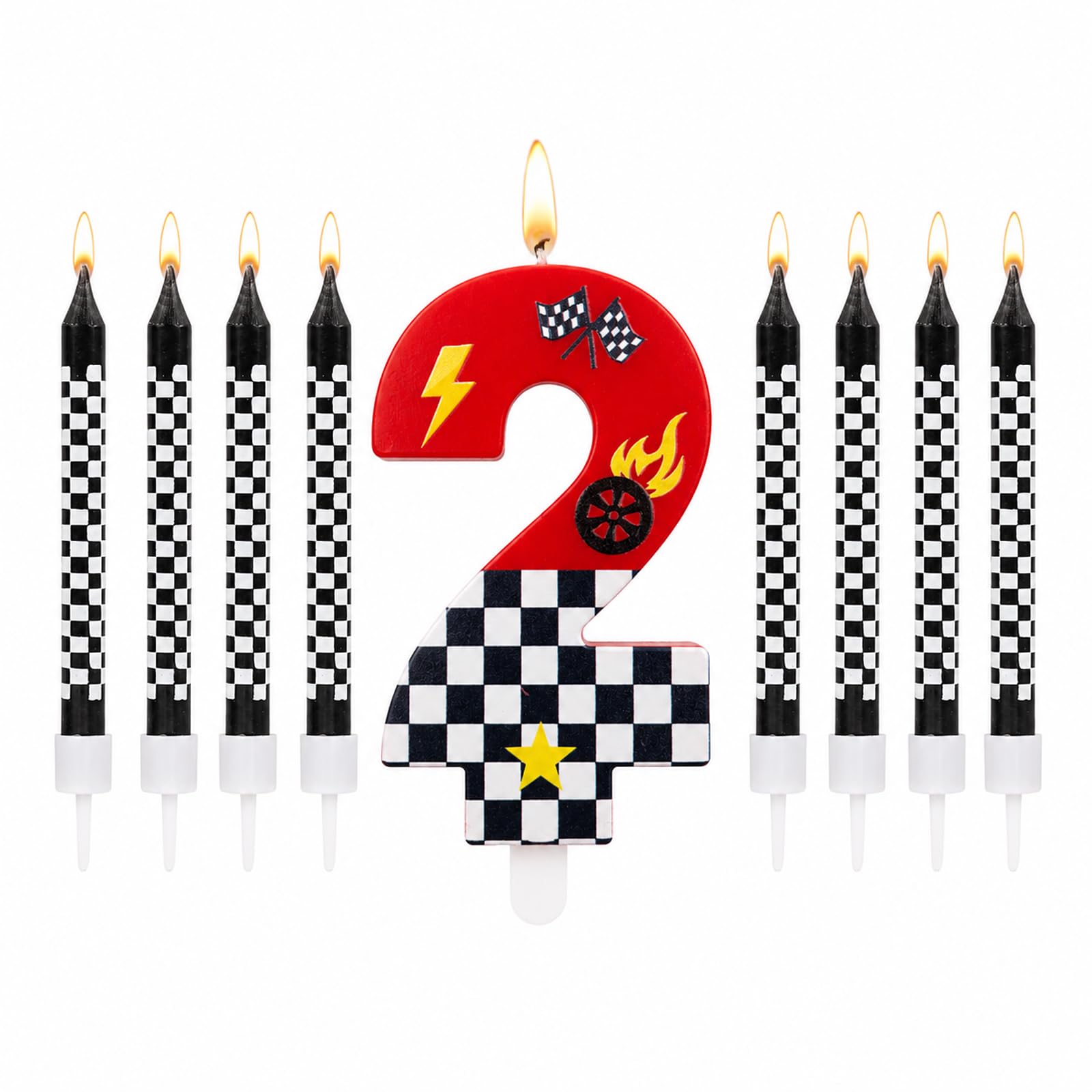 Bolosa Racing Car Number 2 Birthday Candle Set, 9 Pcs 2nd Birthday Cake Candles with Chequered Flag Slim Candles, Racing Car Birthday Decorations for Boys Girls Toddler Race Theme Party Cake Topper