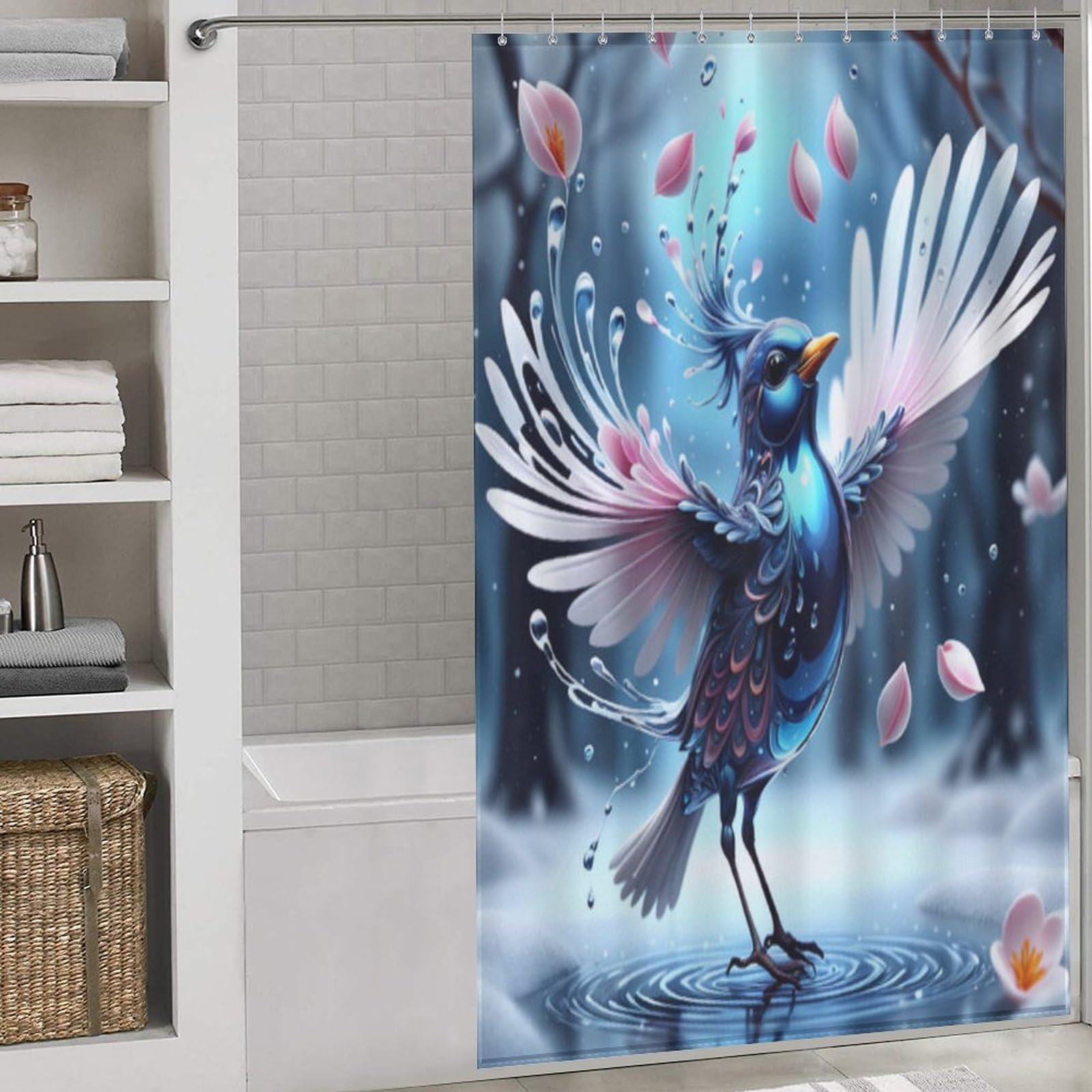 Rideau de douche oiseau tissu anti-moisissure lavable pour baignoire saine 140x183