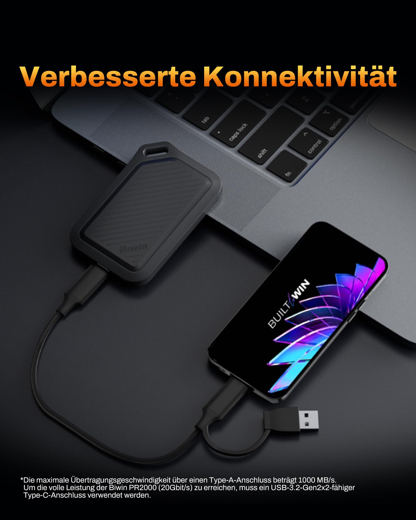 BIWIN Amber PR2000 Externe SSD 2TB USB 3.2 Gen2x2 - Bis zu 2000 MB/s IP67 wasserdicht - Portable NVMe External Solid State Drives mit USB-C & USB-A Adapter, Schwarz