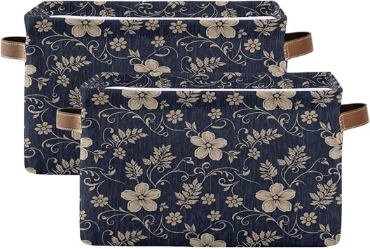 Vintage Elegant Floral 2 Collapsible Storage Bins Waterproof Canvas Baskets with Handles Large Closet and Home Organizers for Shelves Office Laundry 2 Pack