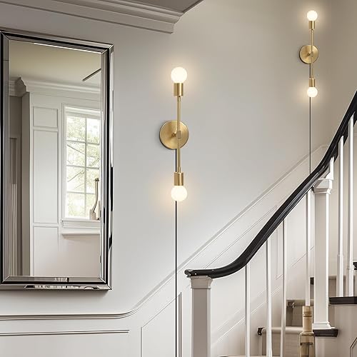 Miniatura 7 de KCO Lámpara de pared dorada con 2 luces para tocador de baño, luz de lectura de pared de latón, moderna de mediados de siglo, para pasillo, sala de