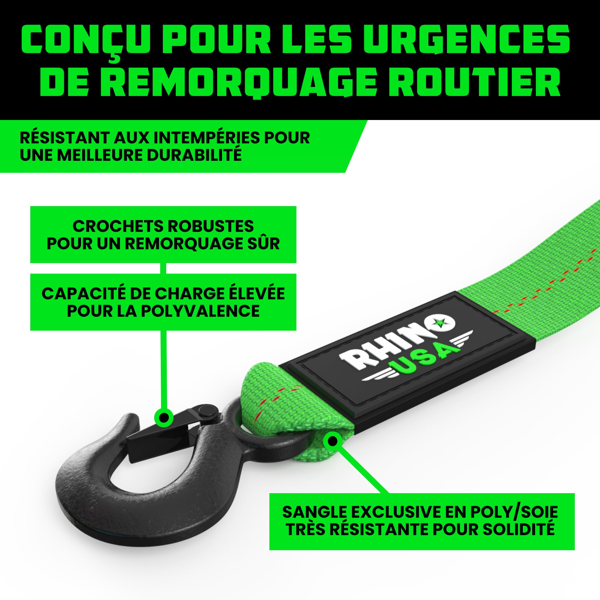 Sangle de remorquage avec Crochet (5 cm x 6.1 m) testée en Laboratoire, résistance à la Rupture de 4500 kg (Min) – Sangles de remorquage d'urgence Robustes avec Crochets en Acier forgé