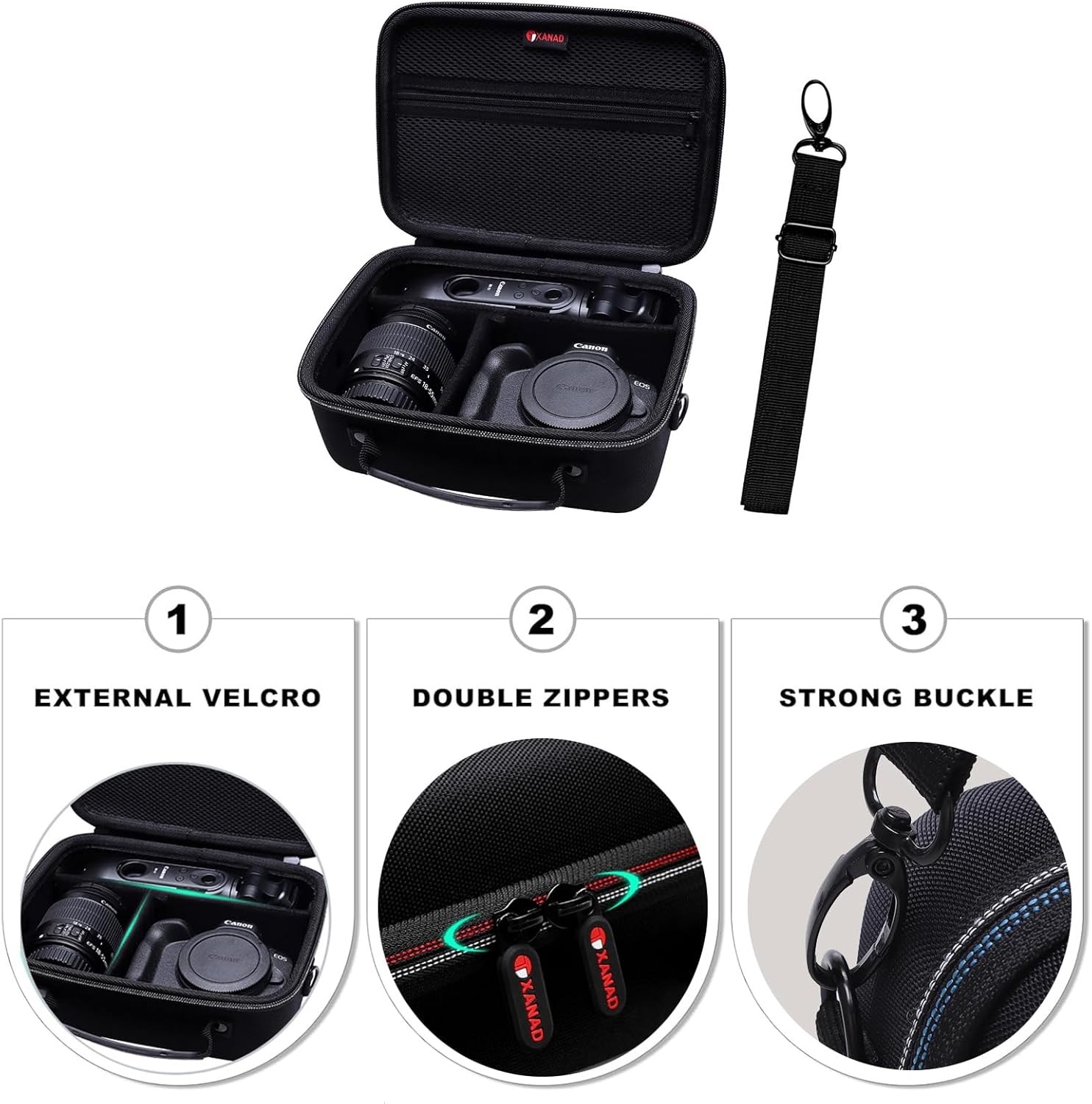 XANAD Camera Case Compatible with Canon EOS Rebel T7/R100/R50/R6 MarkII/R50 V/R8/R10/R6 MarkIII/R5 Mark II/RP/R7/5D MarkIV/R5 Canon Sony Panasonic Nikon DSLR Mirrorless Camera,Lens,Tripod,Black - Image 3