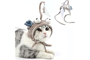 Head Mounted Cat Headgear Interactive Self-Service Adjustable Size Cat hat Feather Toy,Kawaii Design,Grey Bigeye Fish