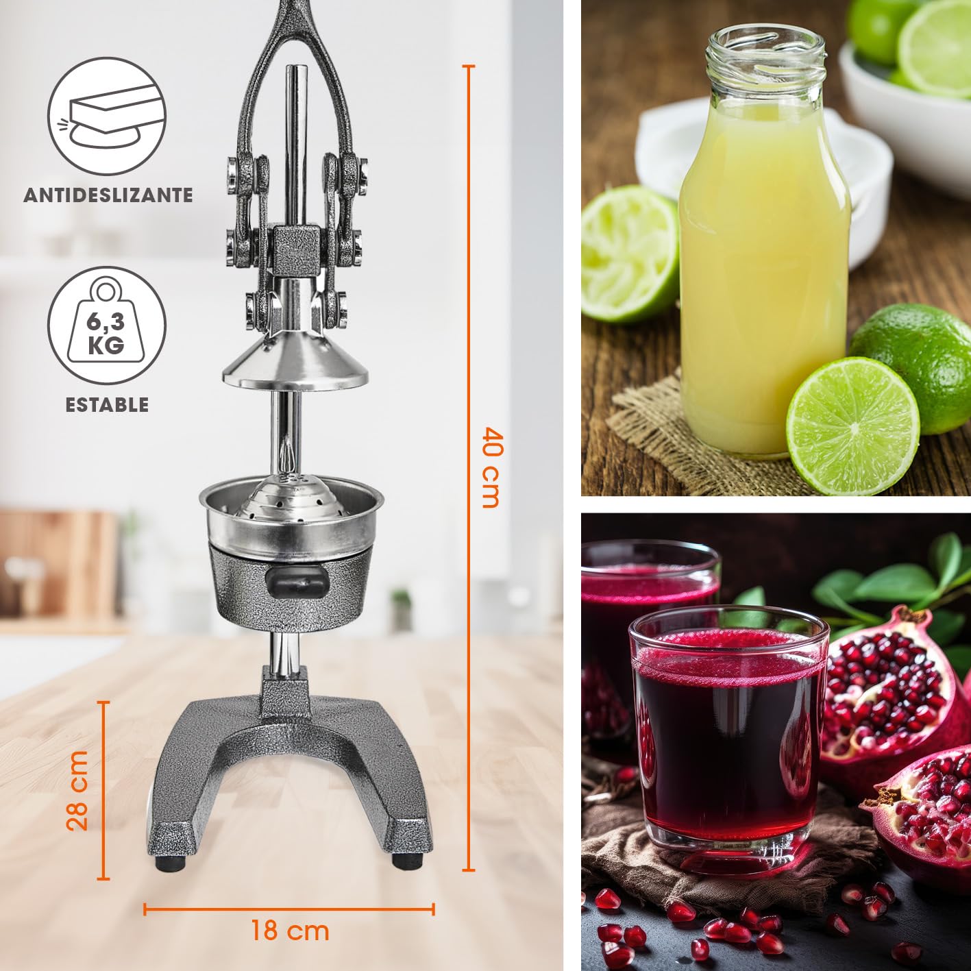 Lumaland Exprimidor manual de acero inoxidable | Exprimidor de cítricos elegante y muy silencioso | Potente para obtener mucho más zumo, simplemente exprima zumos frescos