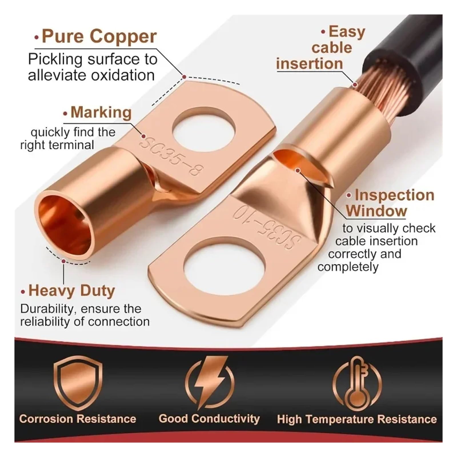 Kit surtido de 200 conectores de terminales de anillo de cobre for cables de batería con tubos termorretráctiles rojos for aplicaciones marinas y automotrices.
