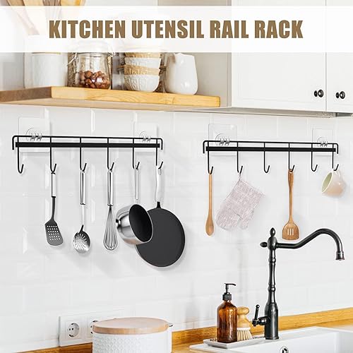Miniatura 2 de Utensil Hooks Wall Utensil Holder Rail with 6 Hooks Kitchen Utensils Hanger No Drilling Wall Mounted Adhesive Utensil Hooks for Kitchen, Bathroom,