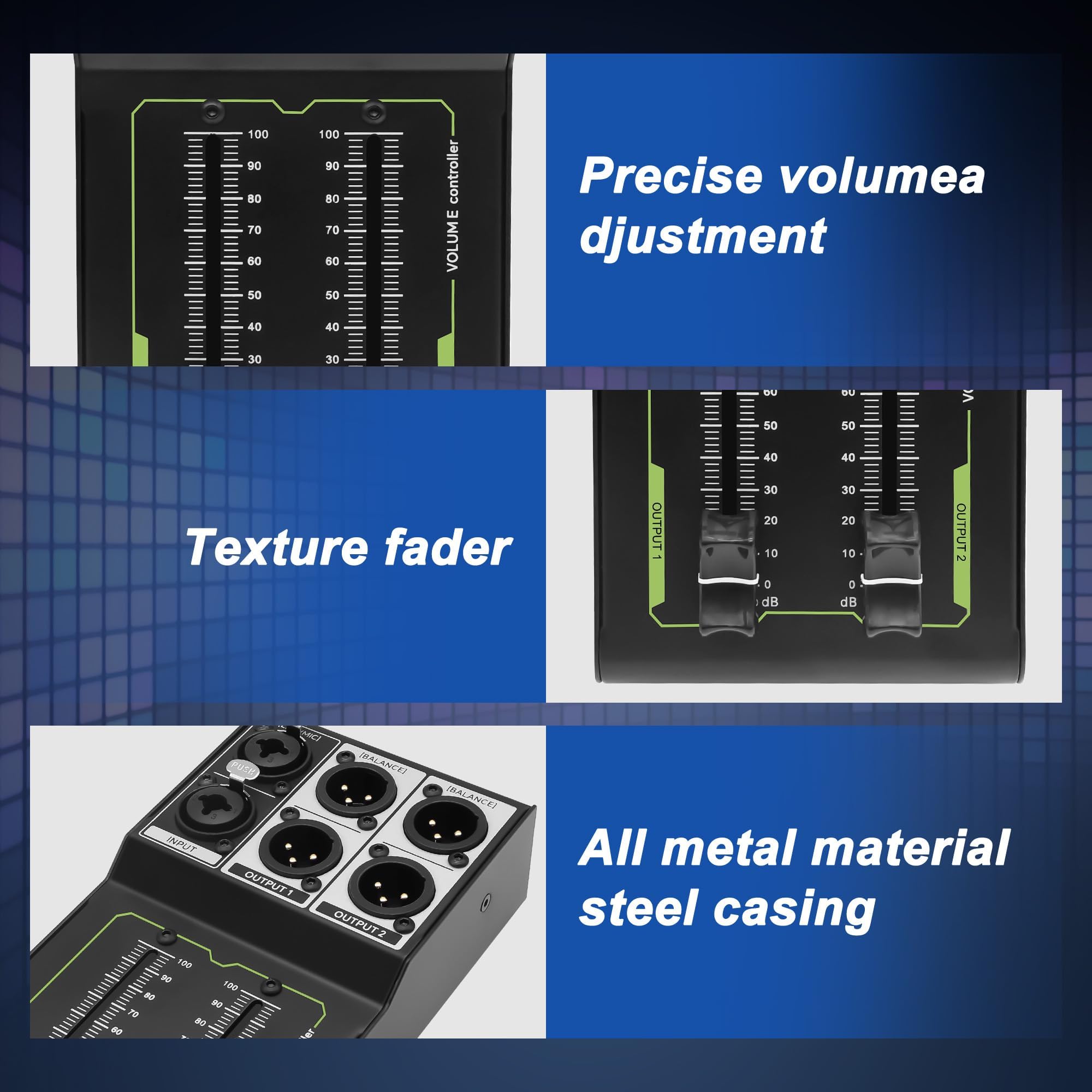 XMSJSIY Controllo del volume del monitor passivo 1 XLR / 1/4 TRS ingresso 2 uscite XLR stereo audio Control Studio Sound Adjuster Nessuna perdita per Studio & Home Audio System