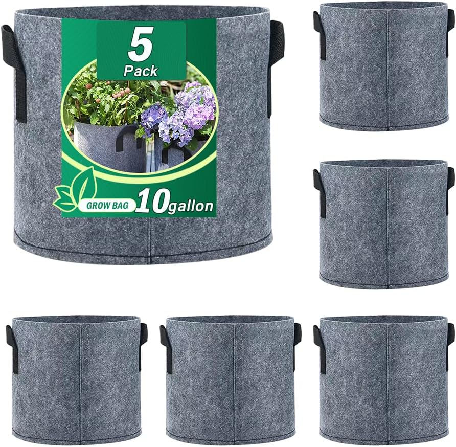 5pcs Grow Bags, Premium Nonwoven Aeration Fabric Planting Pots with Handles, Thickened and Heavy Duty for Vegetables Flowers Fruits, Indoor & Outdoor Gardening Nursery (10 Gallon)