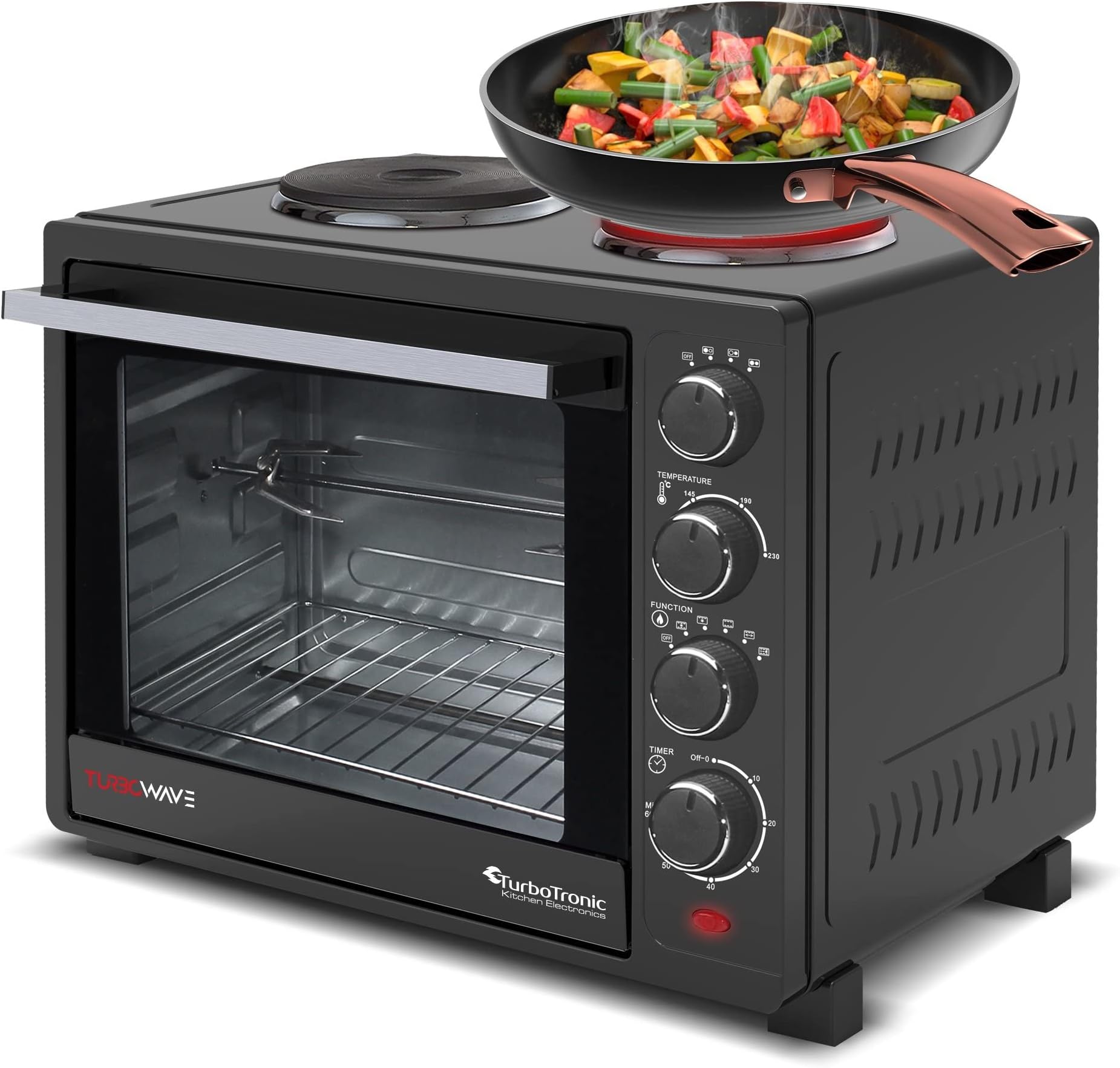 TurboTronic EV35TS Dual Hobs Mini Oven 35L - Double Glazed Multifunction Table Top Oven with Timer for Baking, Grilling, Roasting, and Toasting - Grill Rack, Tray & Rotisserie Skewer Included