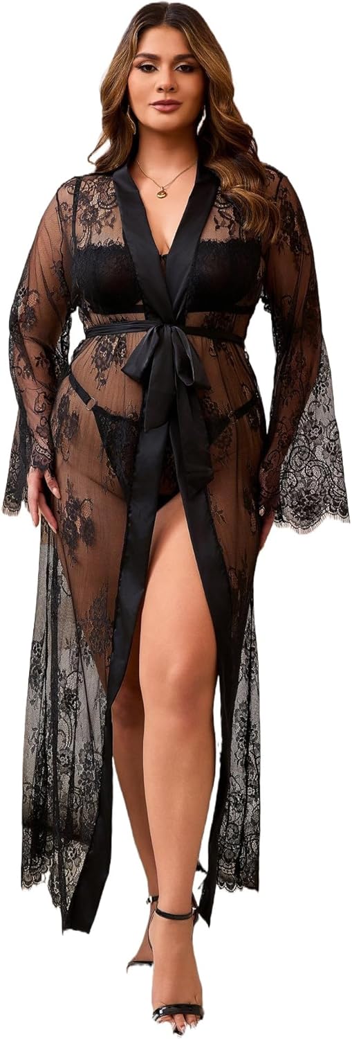 ohyeah Sexy Lace Robe for Women Bridal Lingerie Plus Size Long Sheer Gown Lace Kimono Robe Cover Up Lingerie S-XXL