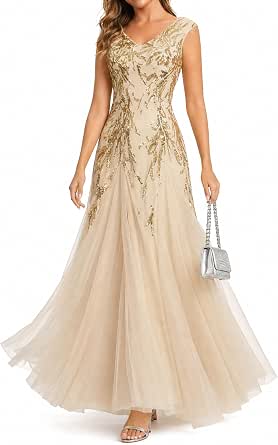 Ever-Pretty Women's Sequin V-Neck Formal Evening Dress with Cap Sleeves and Maxi Length