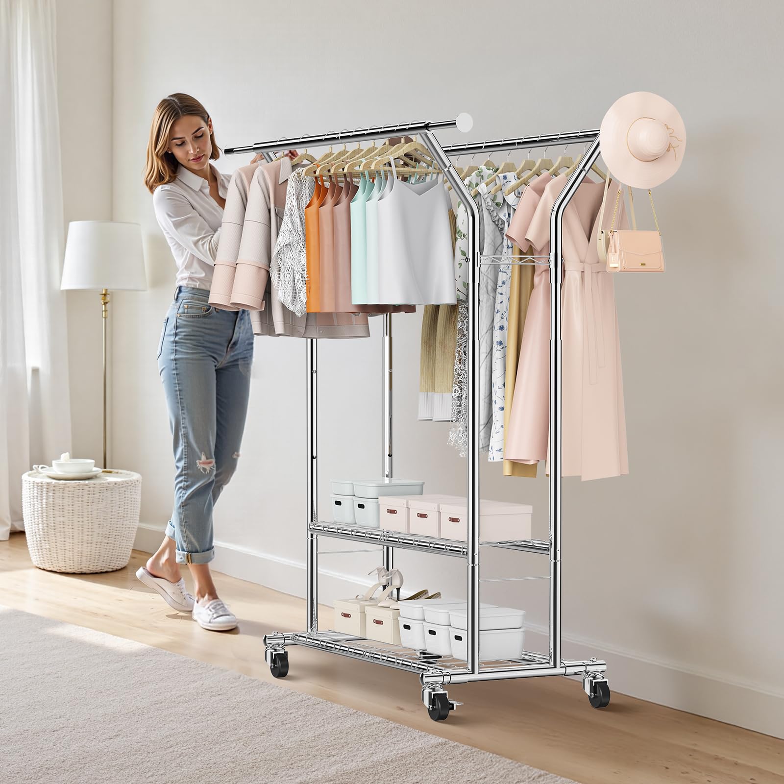 VEVOR Perchero Burro para Ropa de 2 Barras para Colgar y 2 Estantes, con Ruedas, Burro de Ropa Carga de 120 kg, Altura Ajustable, de Acero al Carbono, para Dormitorio, Lavandería, Sala de Estar