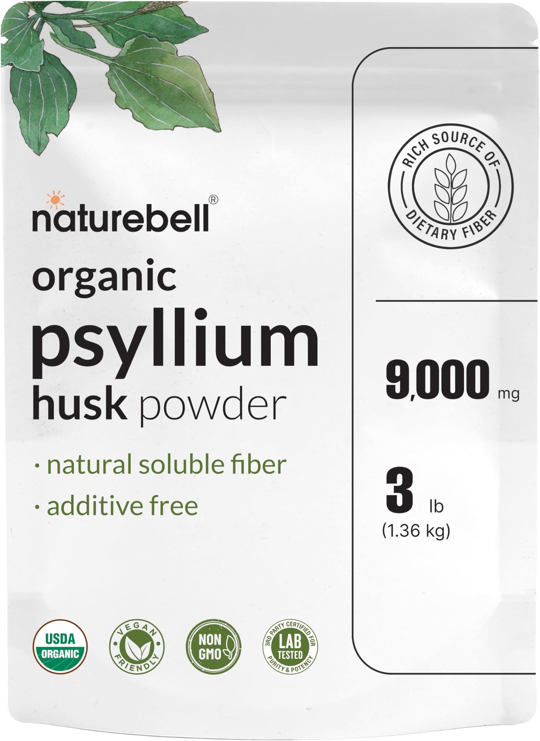 NatureBell Psyllium Husk Fiber Supplement, 9g Per Serving, 3lb (48oz) Powder | Organic Soluble Fiber for Digestive & Gut Health | Plant-Based, Unflavored, Non-GMO, Gluten-Free*