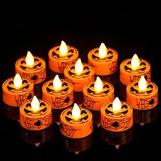 Halloween Pumpkin Tealights Candles, 12 Pack LED Flameless Candles with Timer, Tea Lights Candles Battery Operated with Spiderweb and Pumpkin Fhost Face for Halloween Fall Table Centerpieces