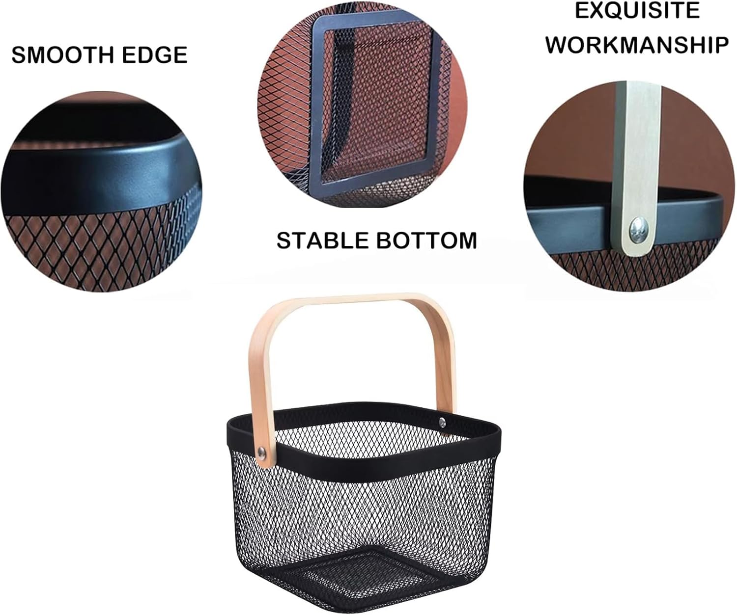 AJIODA Metal Mesh Wire Basket, Small Steel Basket with Wooden Handle Storage Organizer Basket Multi-functional Hanging Kitchen Baskets Fruit Baskets for Kitchen Bathroom Cabinet Pantry Snacks, Black image 4