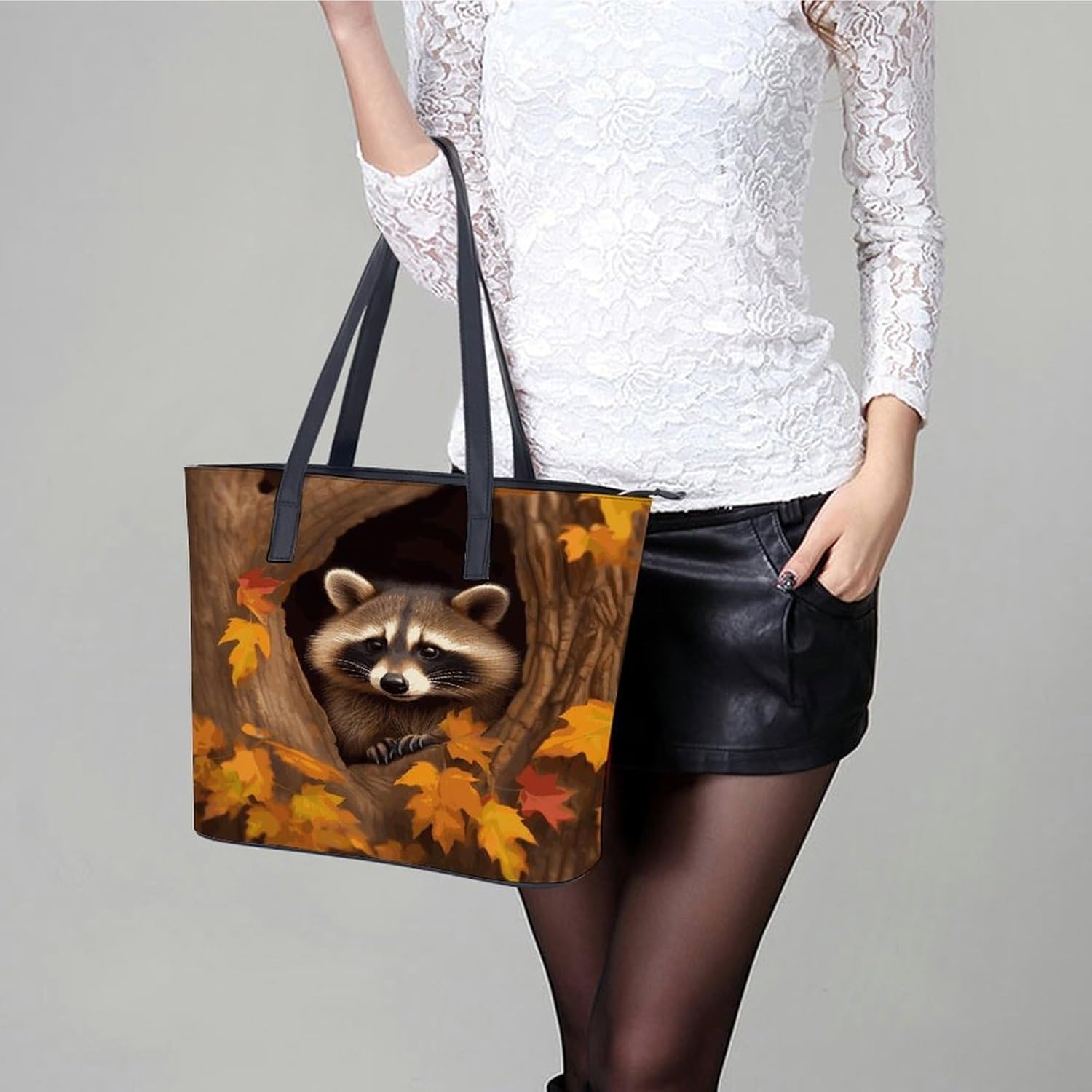 Raccoon in The Fall Tree Hole Handbag for Women Leather Tote Bag Exquisite Satchel Bags Ladies Casual Work Handbag Bucket Purse Fashion Top Handle Bag Large Capacity Weekender Hobo Bags