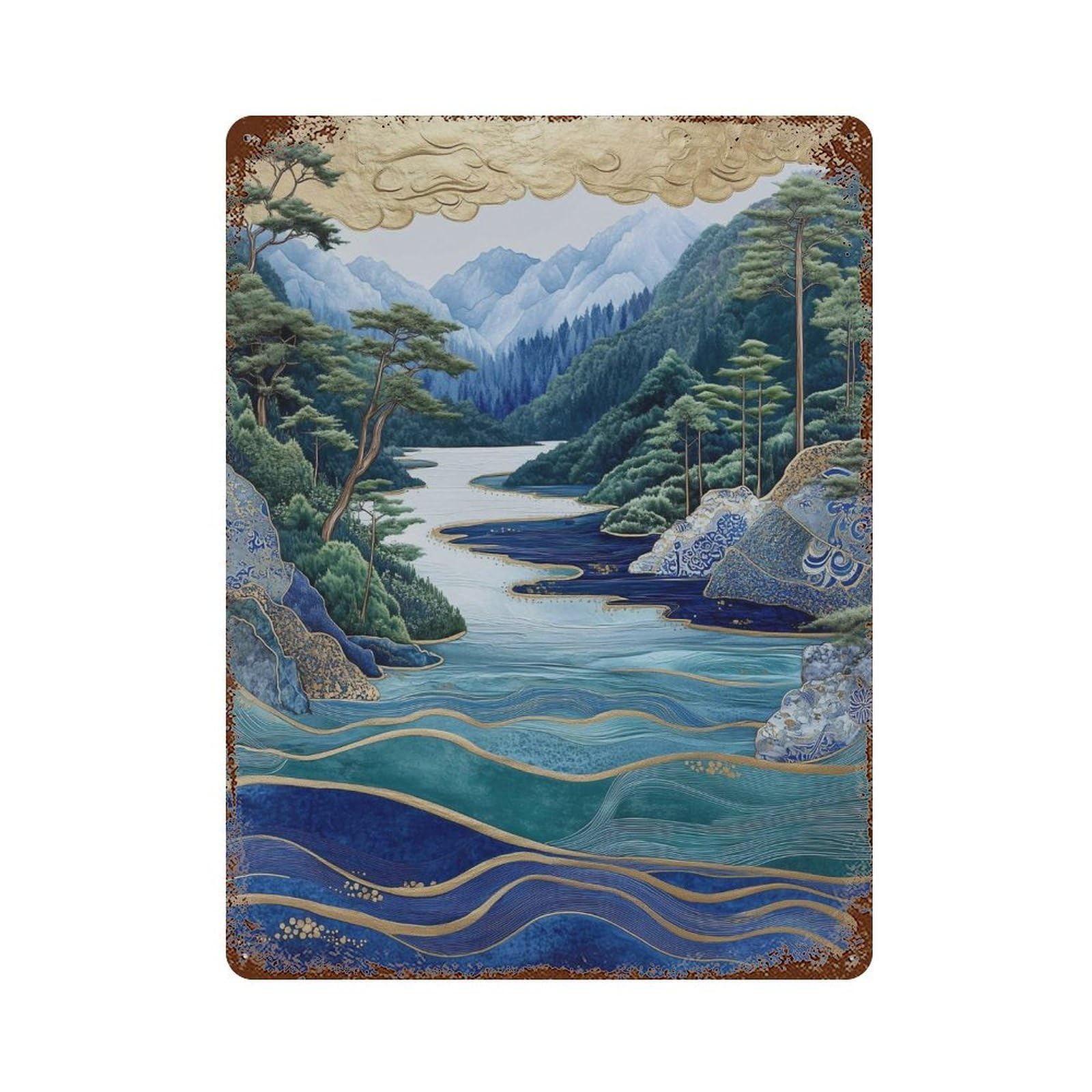 xiaoxiaoshen Japanese Landscape Blue Green River Mountain Oriental Nature Asian Scenic Vertic Wall Decor Art Metal Tin Poster Modern Home Decor Art Home Bar Shop Decorations Vintage Sign 40x30cm