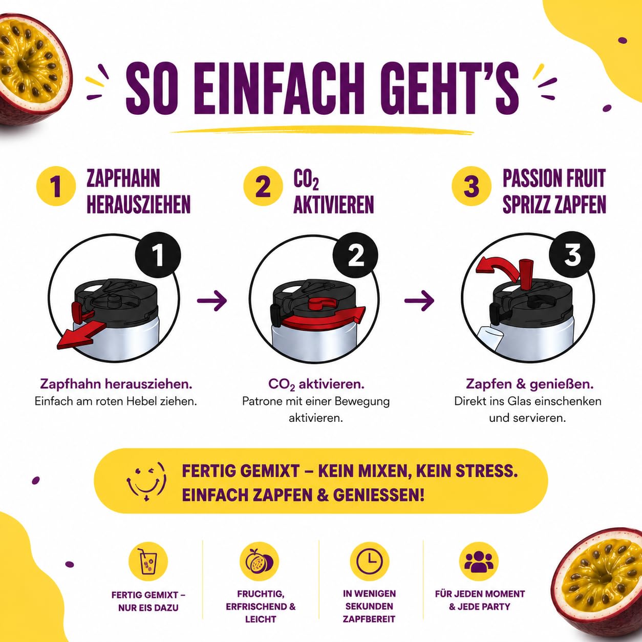 Cocktail Fass - Passion Fruit Spritz 5L – Inspiriert vom Pornstar Martini – Partyfass mit Alkohol zum Selberzapfen – Bis zu 20 Cocktails