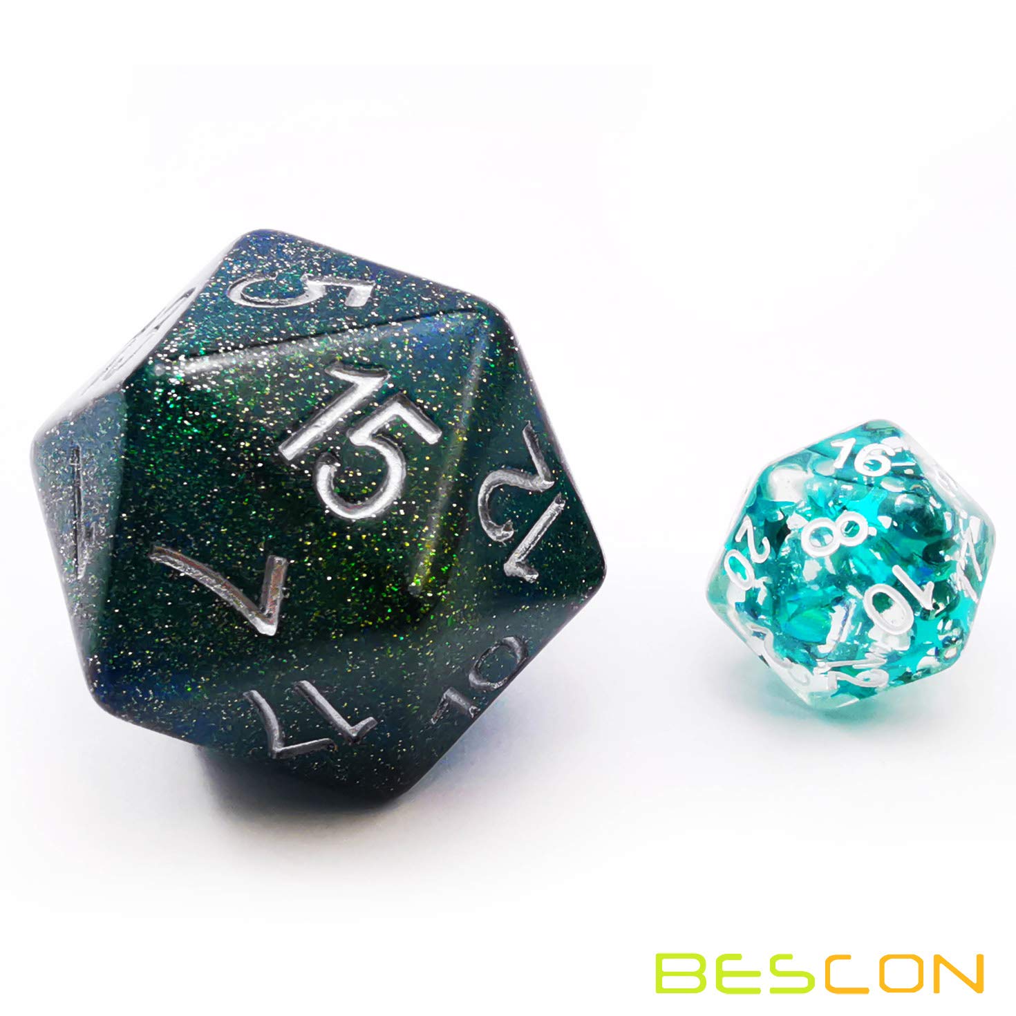 Bescon Glitter Jumbo D20 38MM, Duże kostki 20-ścienne brokatowe turkusowo-zielone, Duża kostka 20-ścienna 3,8 cm