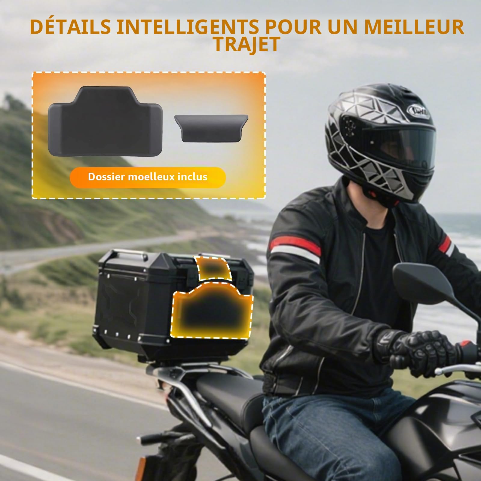 Top Case Moto 55L Universel Alu avec Dossier – Étanchéité IP68, Coffre Arrière Sécurisé Antivol, INCL. Plaque de Montage pour la Plupart des Motos & Scooters (Noir)