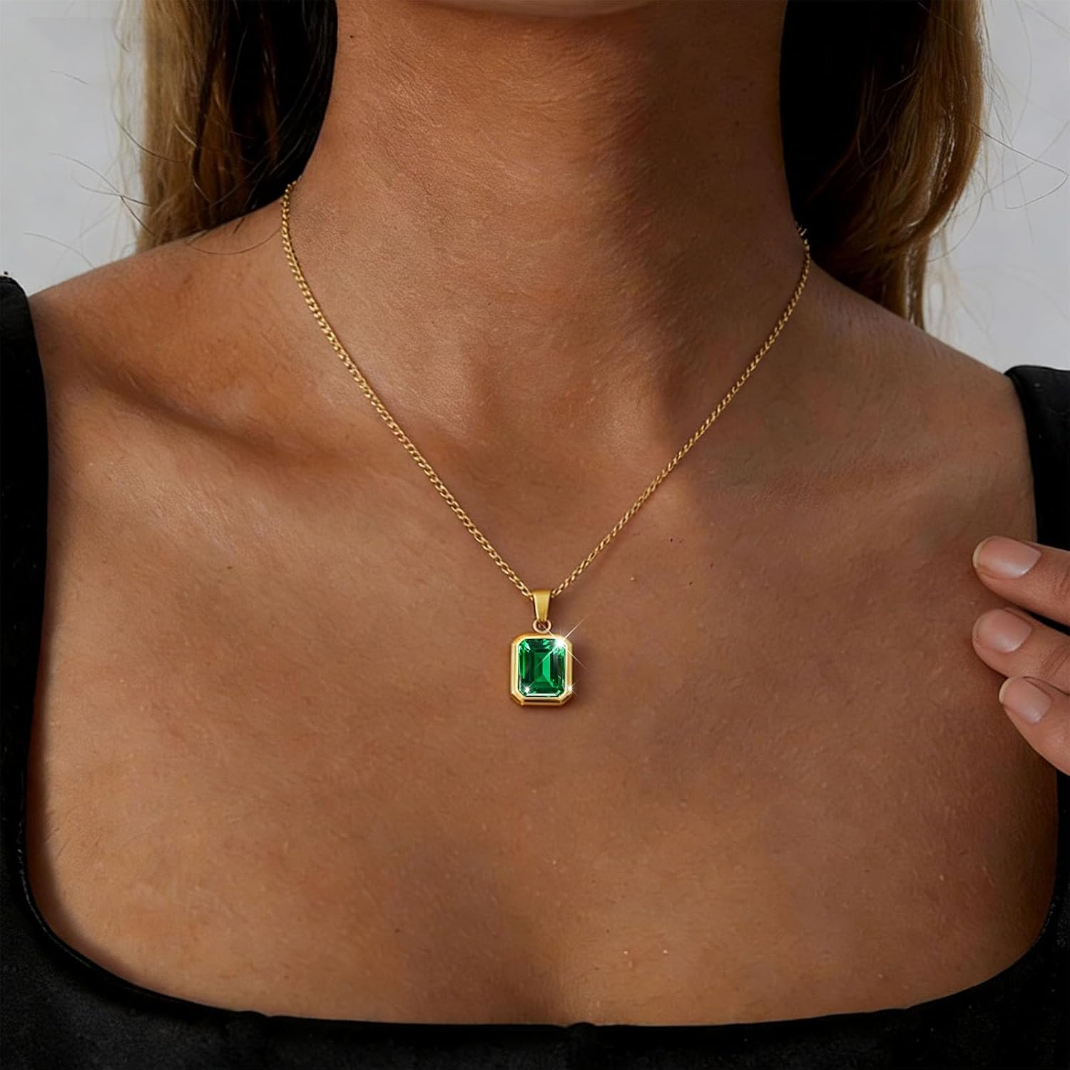 Boho Emerald Necklace for Women Gold Green Crystal Pendant Necklaces Green Square Birthstone Necklace Birthstone Necklaces Jewelry Gift - Image 8