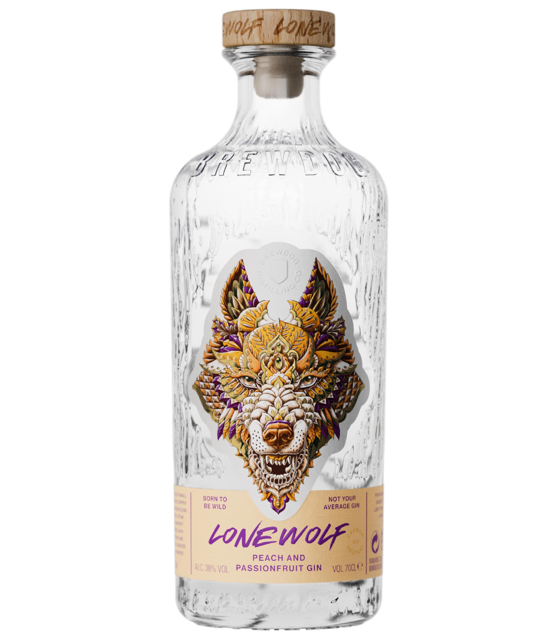 LoneWolf Peach & Passion Fruit Gin 70cl, 38 pct ABV - Handcrafted in Scotland at BrewDog Distilling - Infused with peach, passion fruit and juniper - Perfect for gin and tonic, spritzes or cocktails