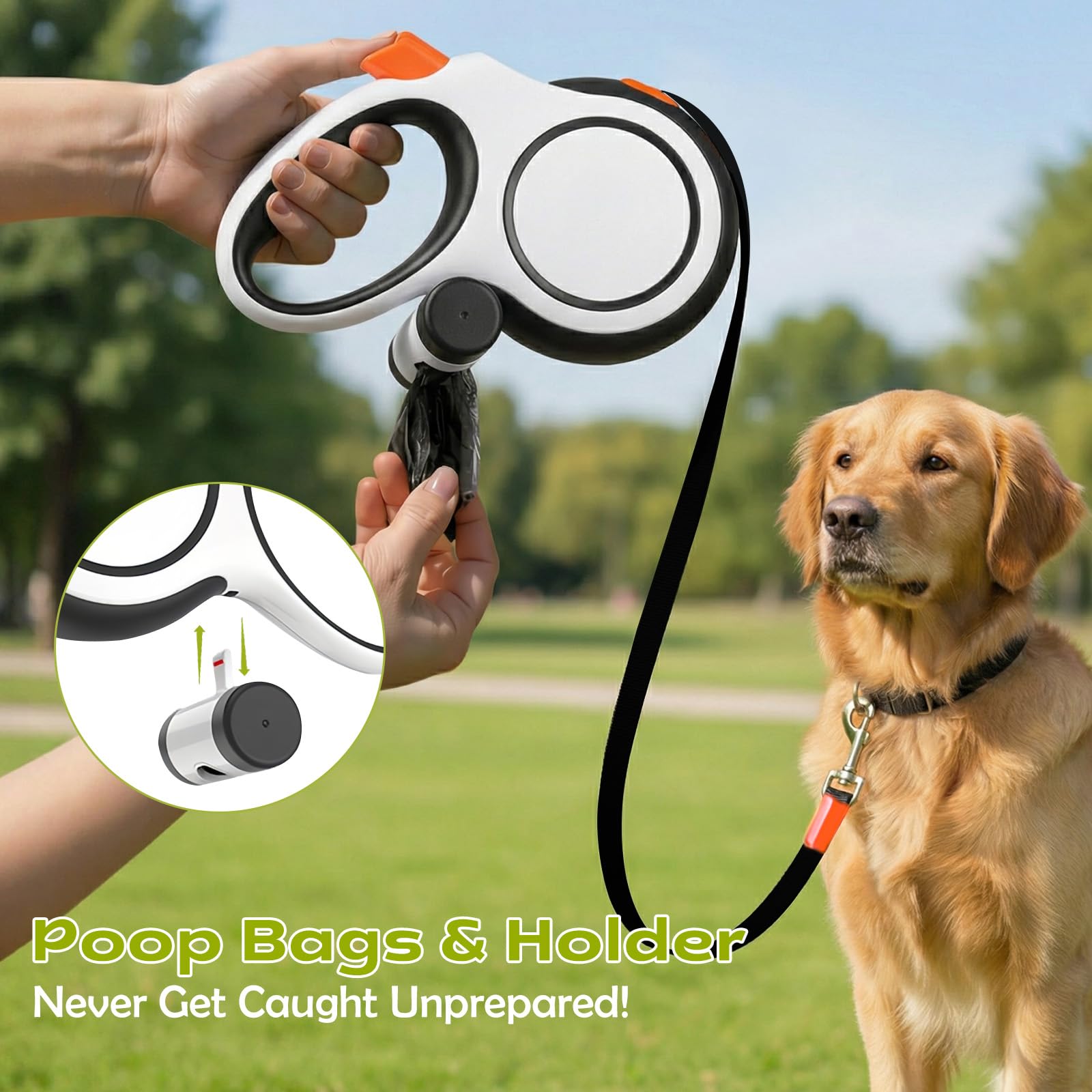 Laisse Chien Enrouleur 8m, Laisse Enrouleur pour Chiens Moyens et Grands (Jusqu’à 50kg), Anti-Morsure Laisses pour Chien avec Un Boutton S'arrêter Bloquer et Distributeur de Sacs (Blanc, 8 m)