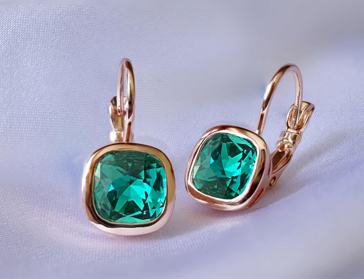 VONSSY Crystal Drop Dangle Rosegold Plated Earrings Leverback Hoop Hanging Square Zircon Jewelry Gift for Women Mother Wife - Image 3