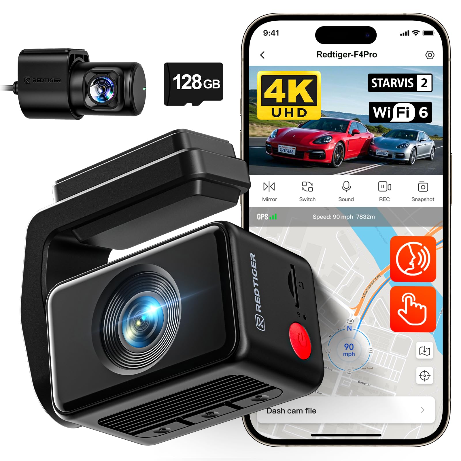 REDTIGER F4 Pro 4K Dash Cam Front and Rear, STARVIS 2 Sensor, 128GB Card Included, Built-in 5.8GHz WiFi6, 2.2inch Touch Screen Dash Camera for Cars, Voice Control, 24H Parking Mode