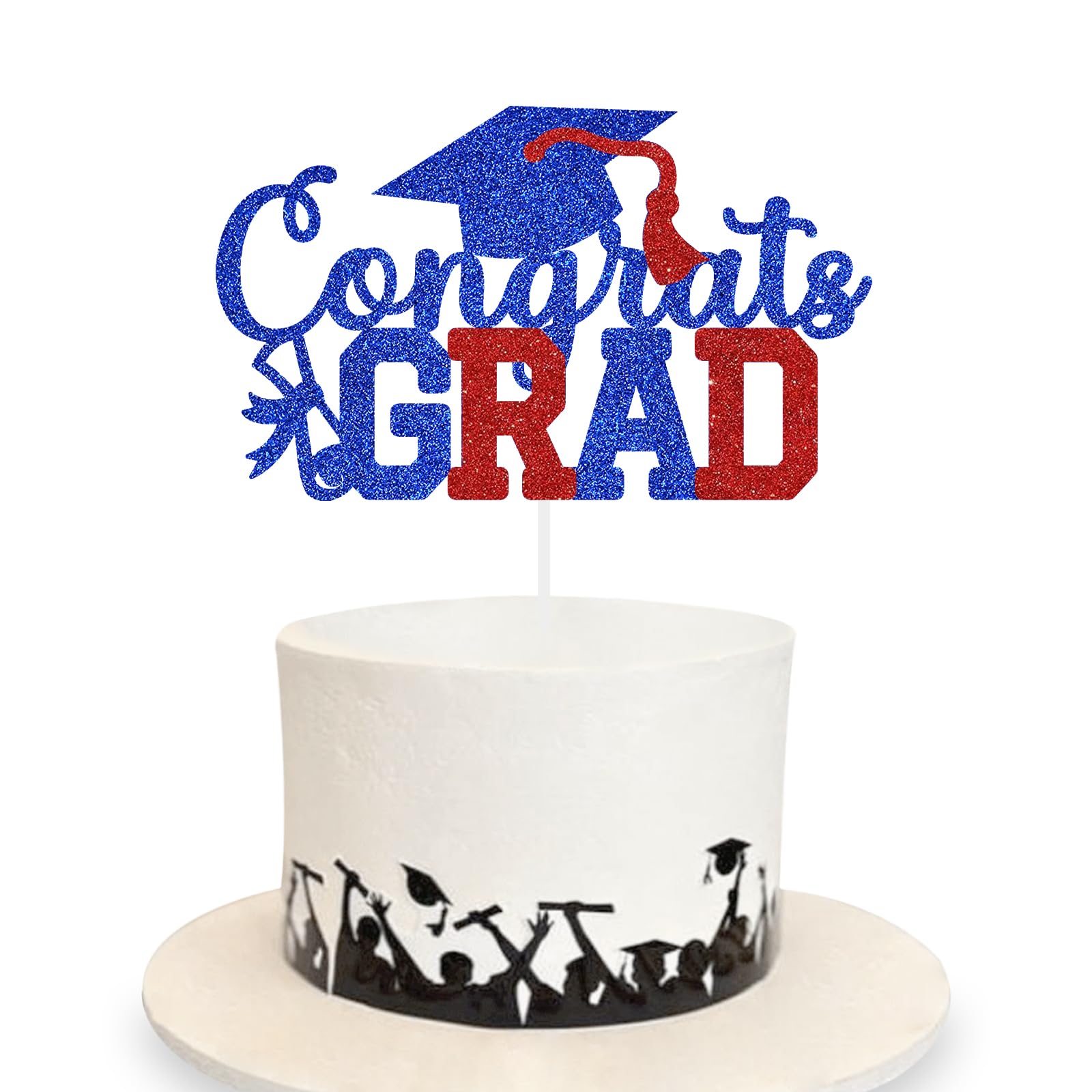 Congrats Grad Cake Topper Graduation Party Table Ideas Glitter Junior High School College University Decorations Blue Red