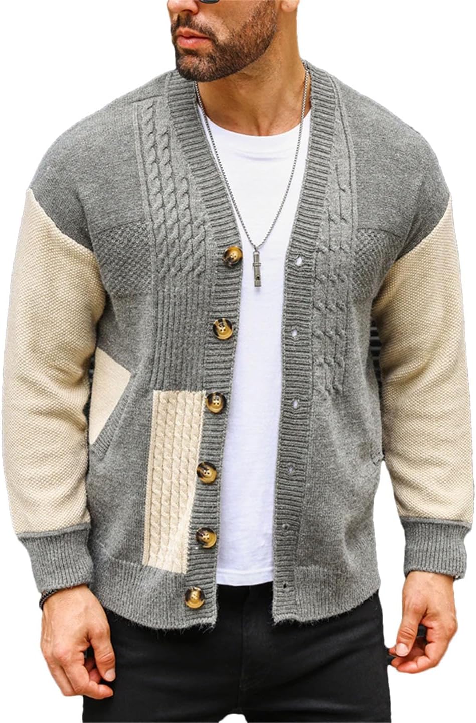 [Bciopll] メンズセーターヴィンテージパッチワーク長袖ニットコートメンズボタンVネックセータージャケット