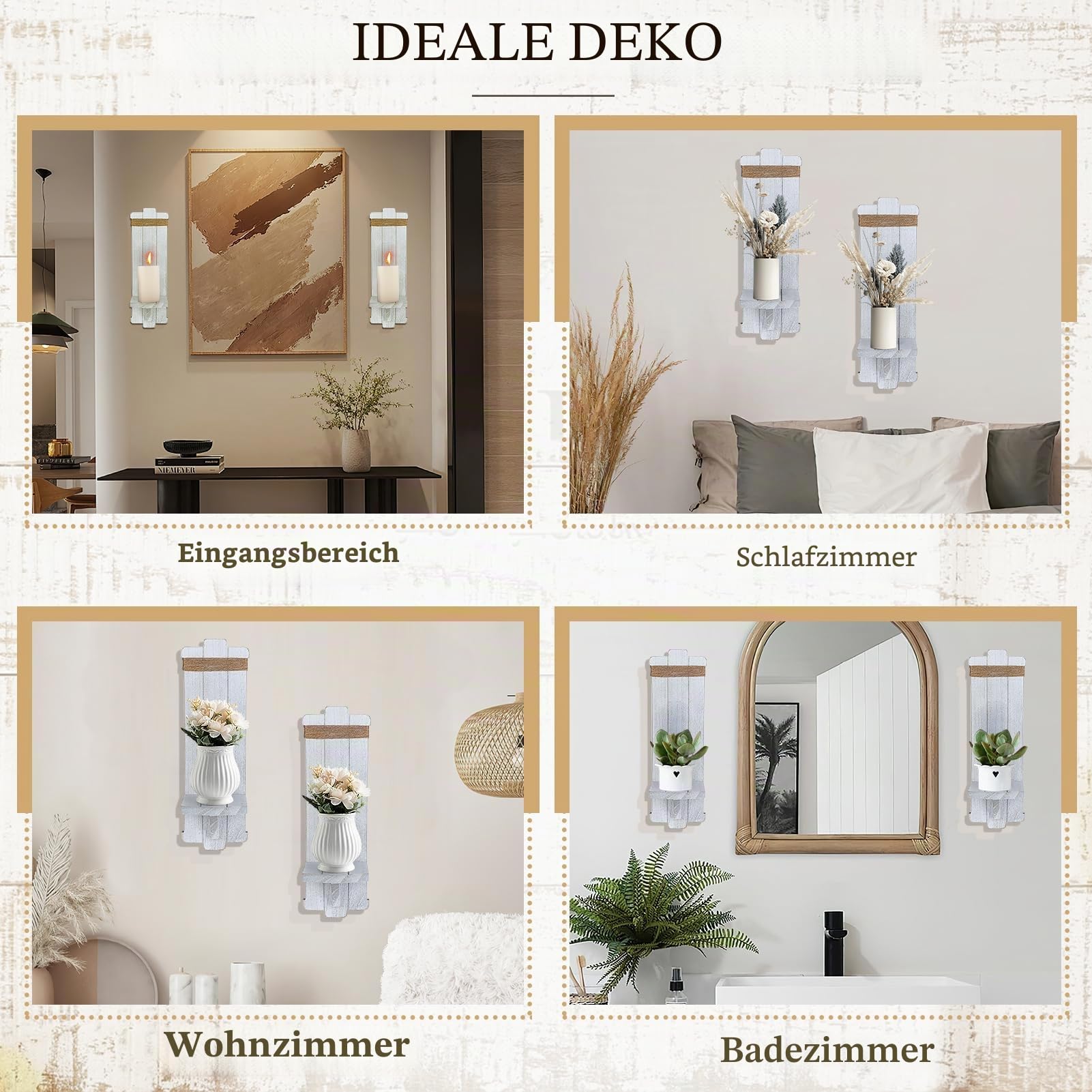 Alphatool Wandleuchter im Bauernhaus-Stil – nordischer Stil, handgefertigt, Holz, Wandhalterung, Kerzenhalter, rustikale hängende Wandleuchten für Schlafzimmer, Wohnzimmer, Küche, Badezimmer, weiß,