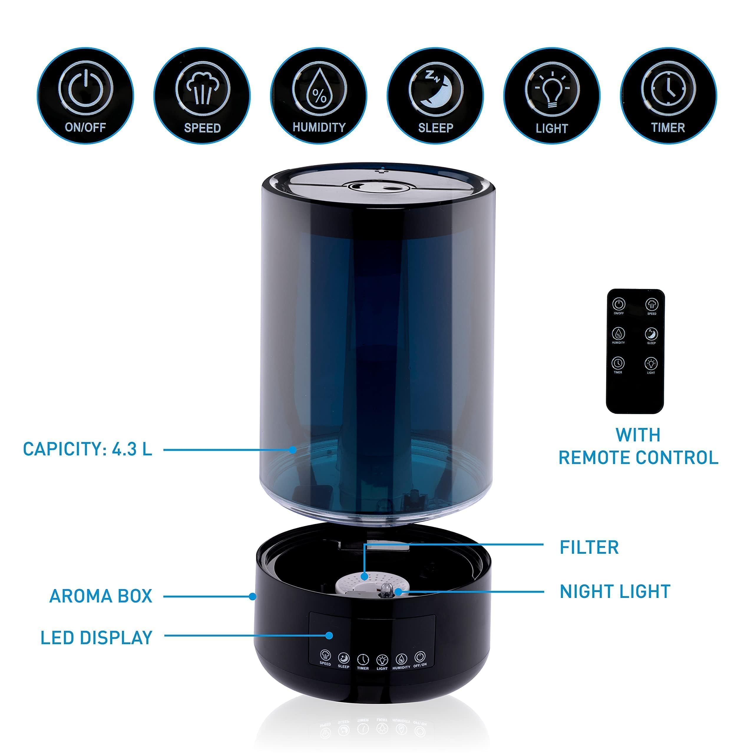 Grundig Luftbefeuchter und Aroma Diffuser 4,3L - Diffuser Ätherische Öle - Humidifier mit Hygrometer und Zeitschaltuhr - Räume der 15 zu 35m2 - mit Nachtlicht - Schwarz