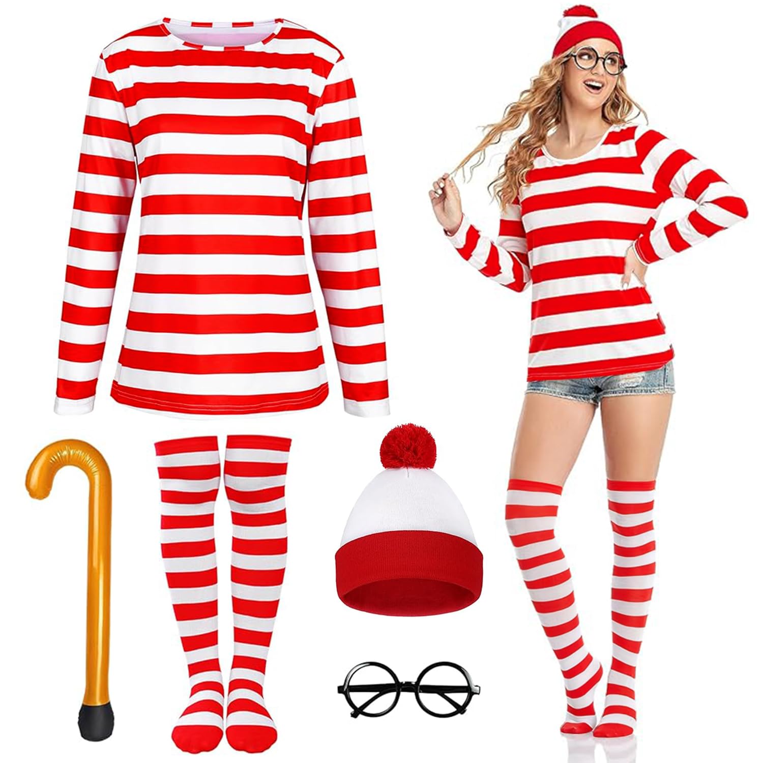 Adult Fancy Dress, Cosplay Accessories Set with Red and White Striped T-Shirt, Beanie Hat, Frameless Glasses for Men and Women World Book Day, Halloween, Carnival, School Dress up Day Cosplay Outfit