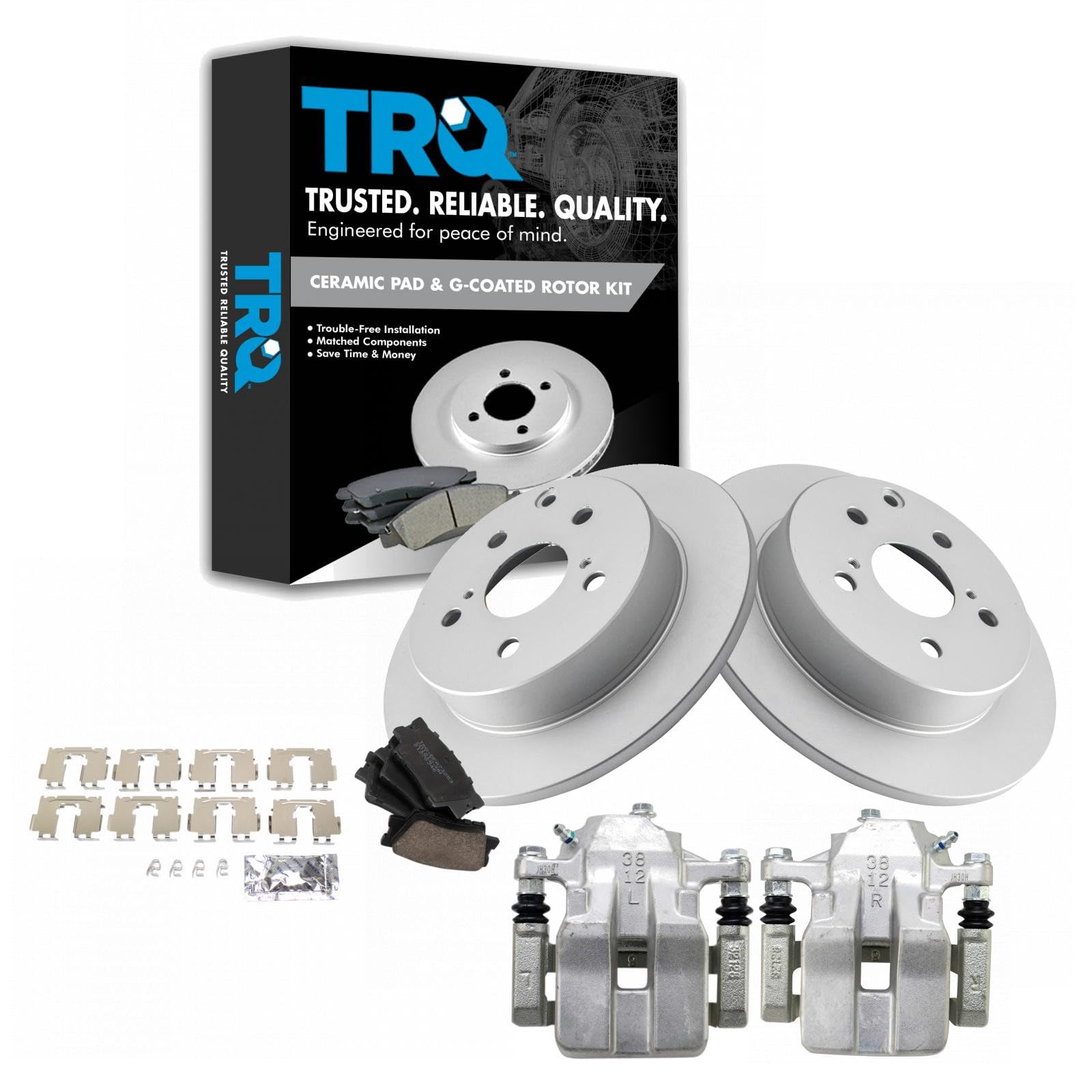 TRQ Rear Brake Pad and Rotor Set Ceramic G Coated Rotors Calipers