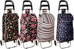 Carrinho de Compras de Feira Dobrável com Bolsa Impermeável, Rodas Grandes e Estrutura de Metal, Estampa Sortida