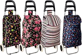 Carrinho de Compras de Feira Dobrável com Bolsa Impermeável, Rodas Grandes e Estrutura de Metal, Estampa Sortida
