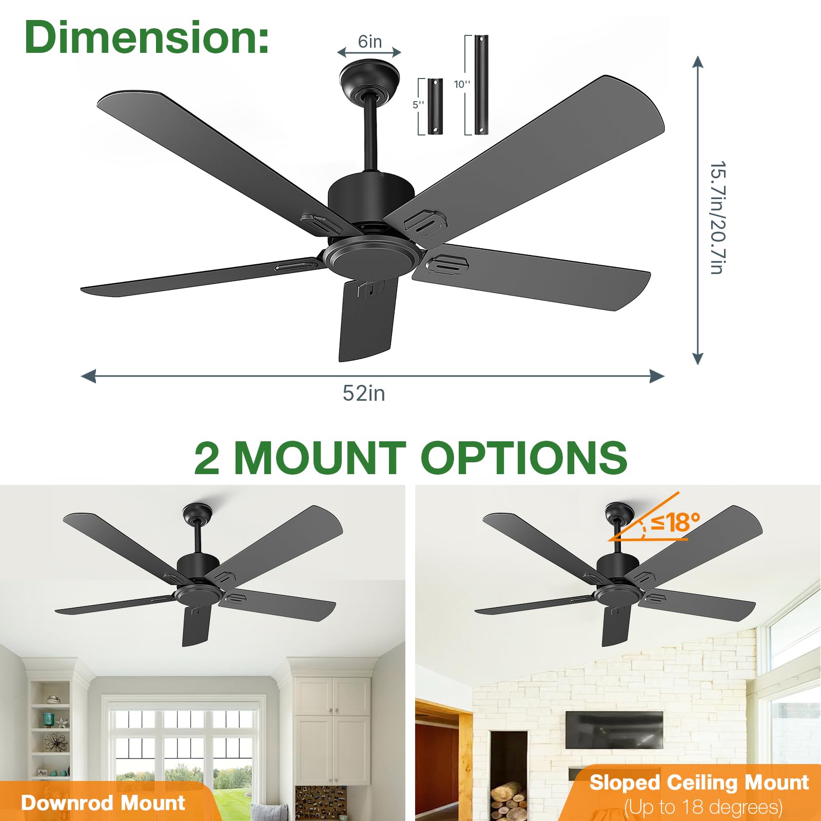 Obabala - Ventilador de techo para exteriores de 52 pulgadas, sin luz, moderno ventilador de techo negro sin luz con control remoto y aplicación, motor CC reversible silencioso, 6 velocidades, para
