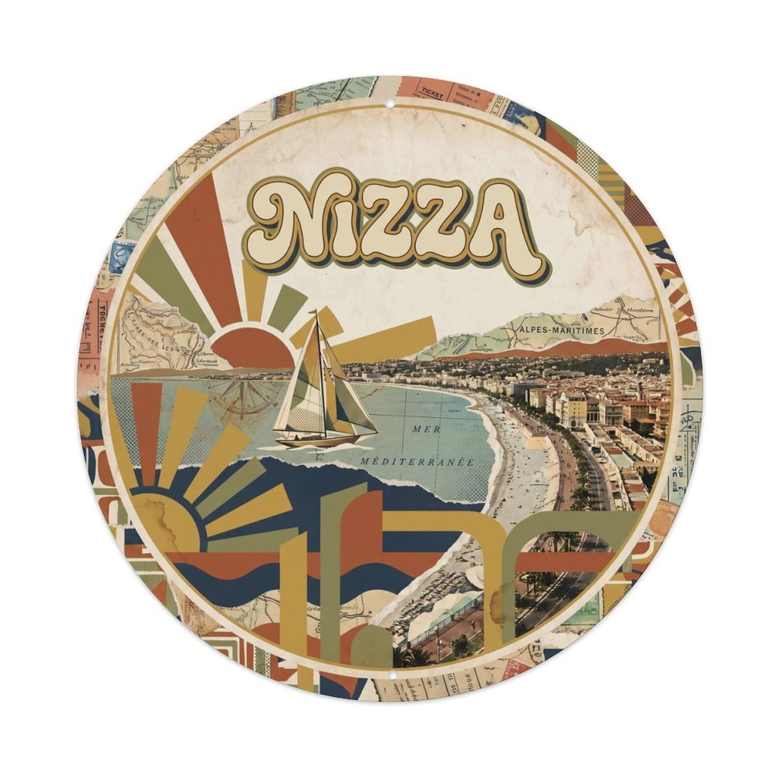 Nizza French Riviera Mixed Modern Harbor Sailboat Travel Metal Tin Sign Plaque Wall Decor for Cafe, Man Cave, Club Bar, Office, Home Garden Round Metal Poster 8x8Inch