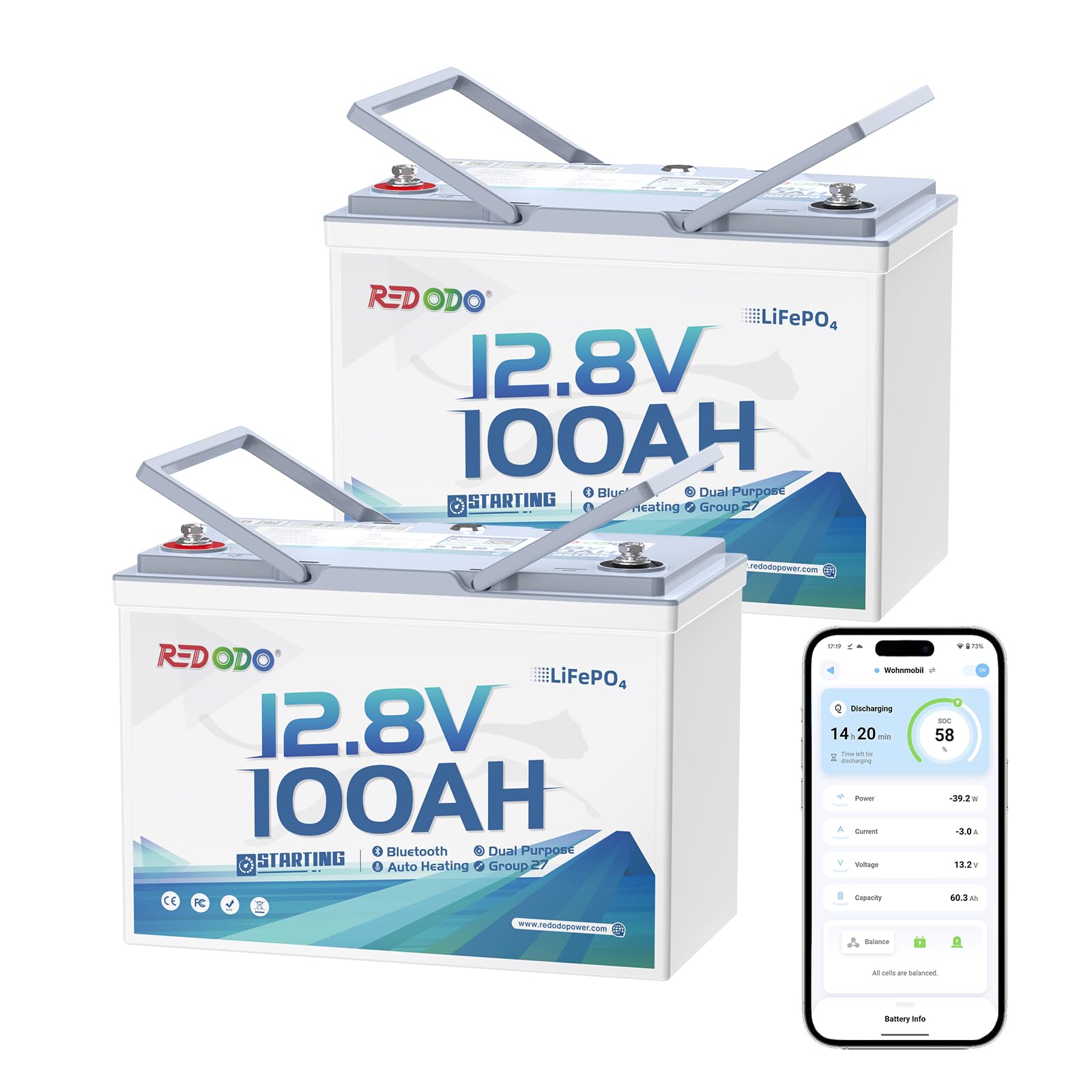 Redodo 12V 100Ah Dual Purpose Group 27 Lithium Marine Battery -2 Pack